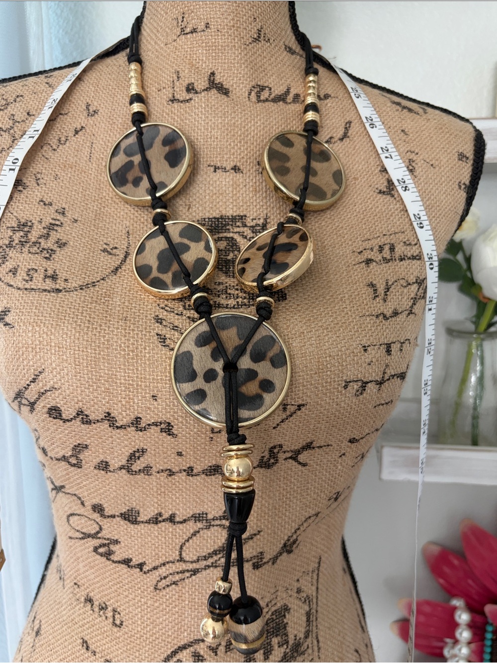 Chico's Leopard Disc Layered Necklace in Black, Brown and Gold